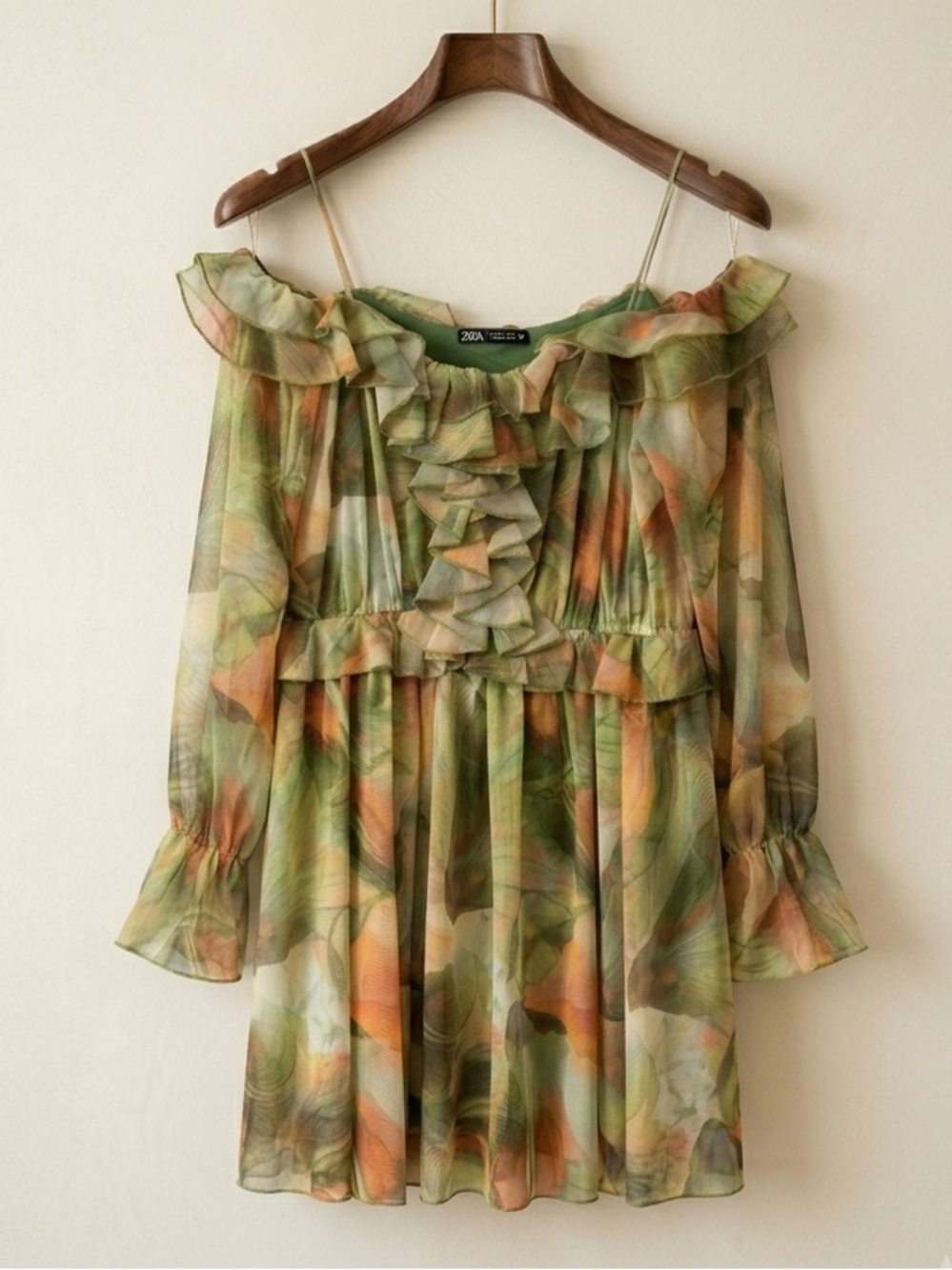 Floral Mesh Ruffle Mini Dress Sheer Long Sleeve Whimsigoth Fairy Green L ⁠zara